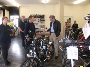 Leicester Mayor Peter Soulsby meets the staff at Ebike Centres on Granby Street