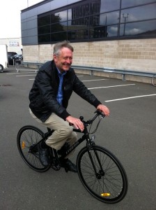 City Mayor Peter Soulsby tries out an electric bike